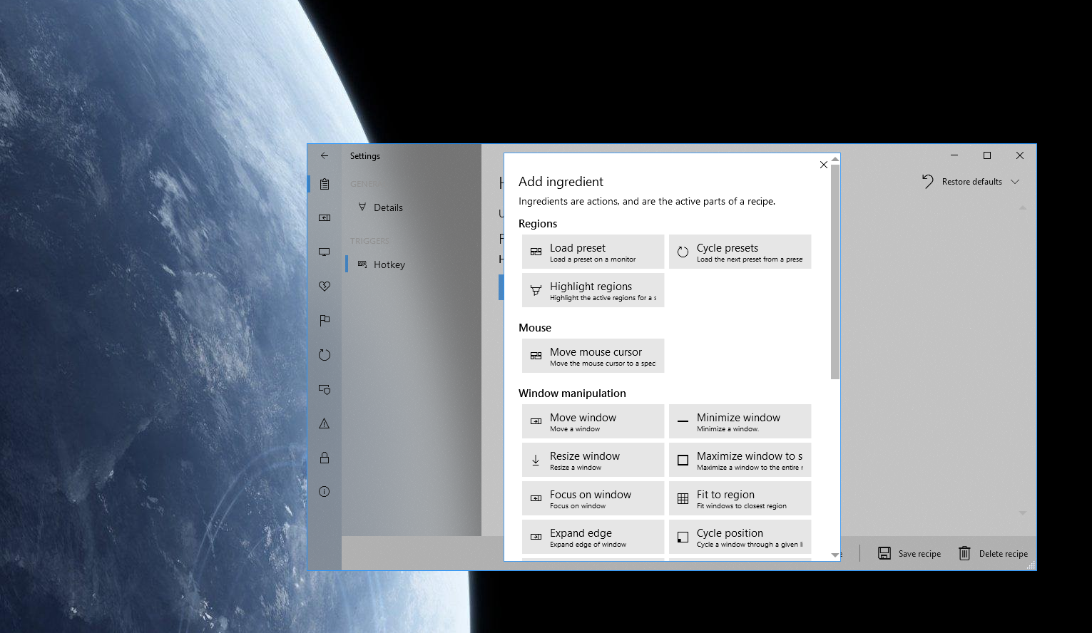 MaxTo's settings window showing a list of available ingredients.
