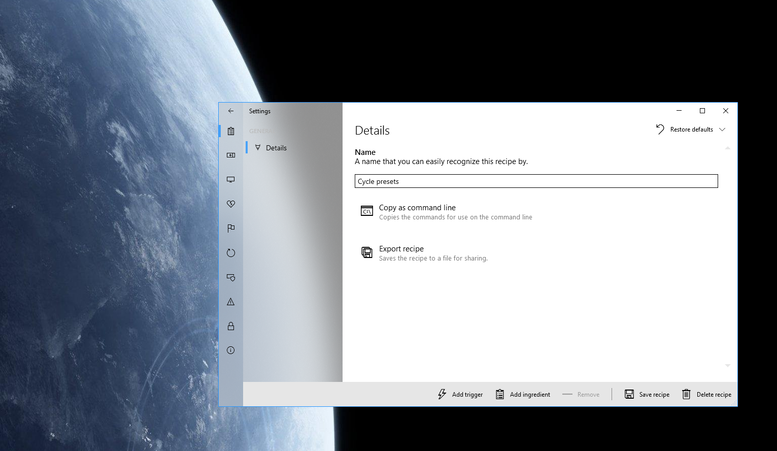 MaxTo's settings window showing where you can name your recipe.